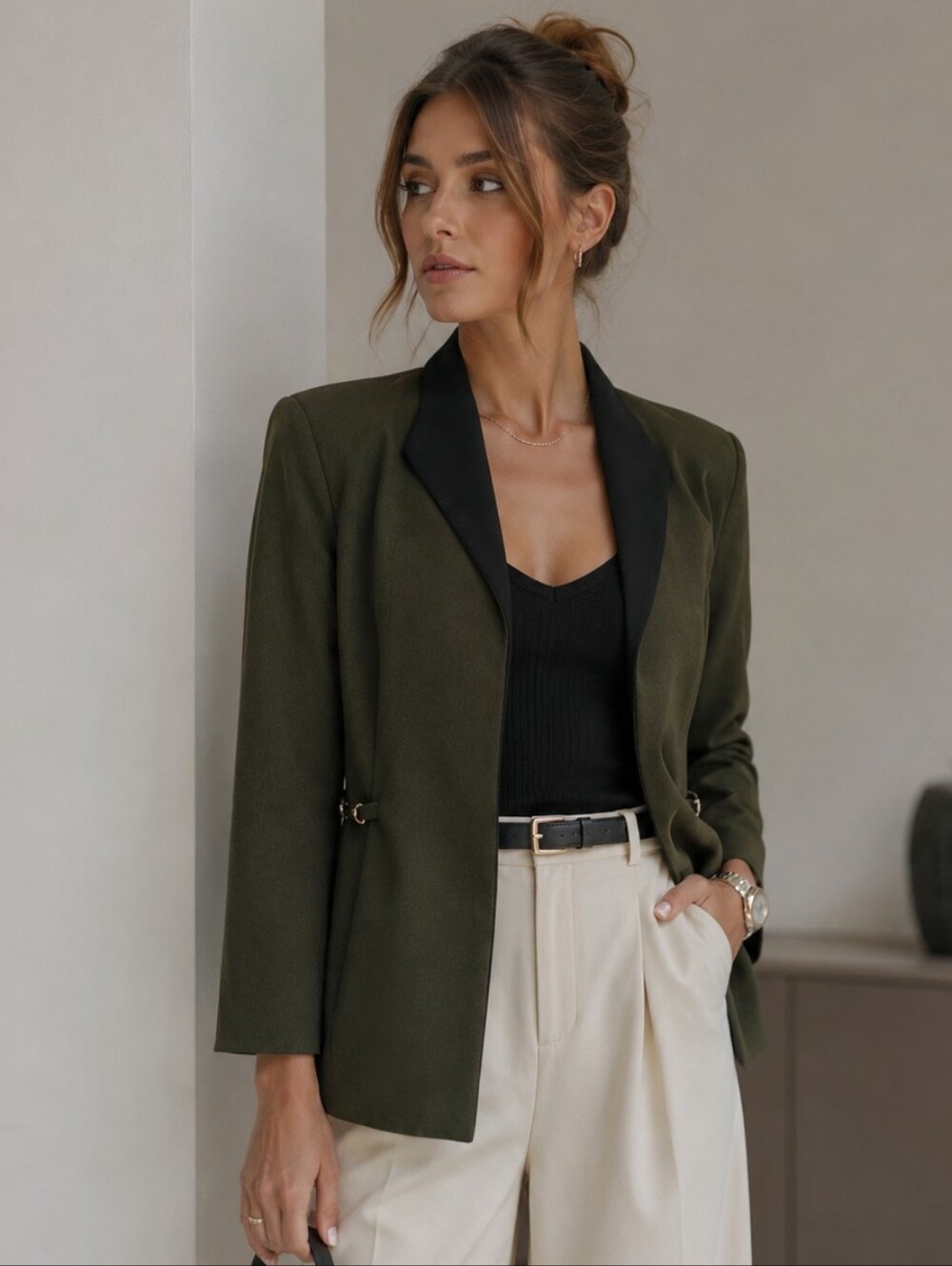 Y2k Olive Green Open Front Blazer Jacket Chain Side Detail Career Sz 10